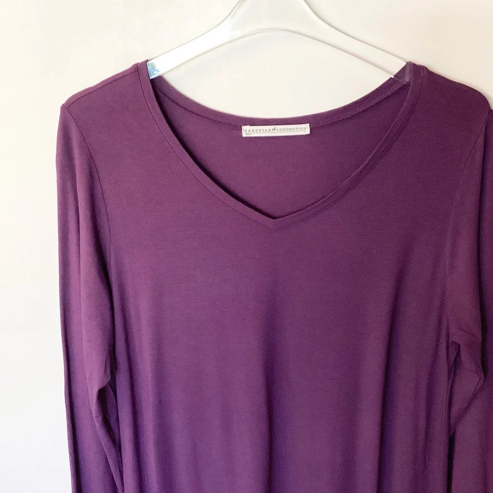 Peruvian Connection Long Sleeve V-Neck Stretch Jersey Dress - Purple - L - Picture 3 of 7